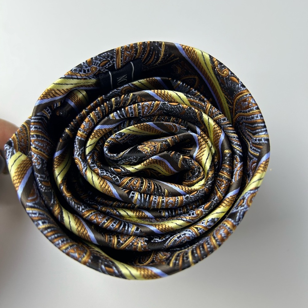 Bill Robinson Mens Paisley Stripe Tie Brown Gold Blue Formal Necktie - Picture 5 of 11